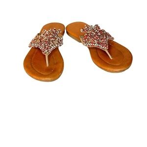 Chicos Tan Thong Sandals w/Red, White and Gold Beading